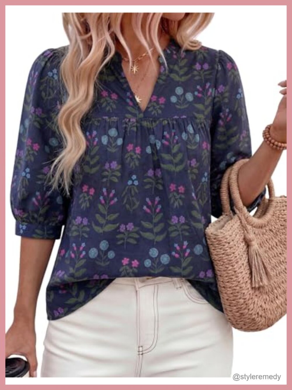 Womens V-Neck Floral Blouse Boho Ruffled Half Sleeve Summer Top